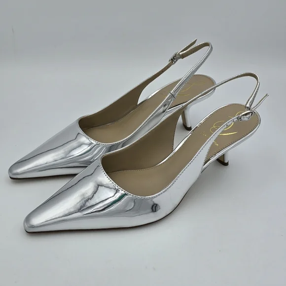 Sam Edelman Silver Pointed Toe Slingback Kitten Heels - Picture 4 of 16